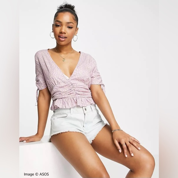 Lilac V-Neck Tea Blouse Ruched Waist Peplum Hem Size 2 - Picture 4 of 6